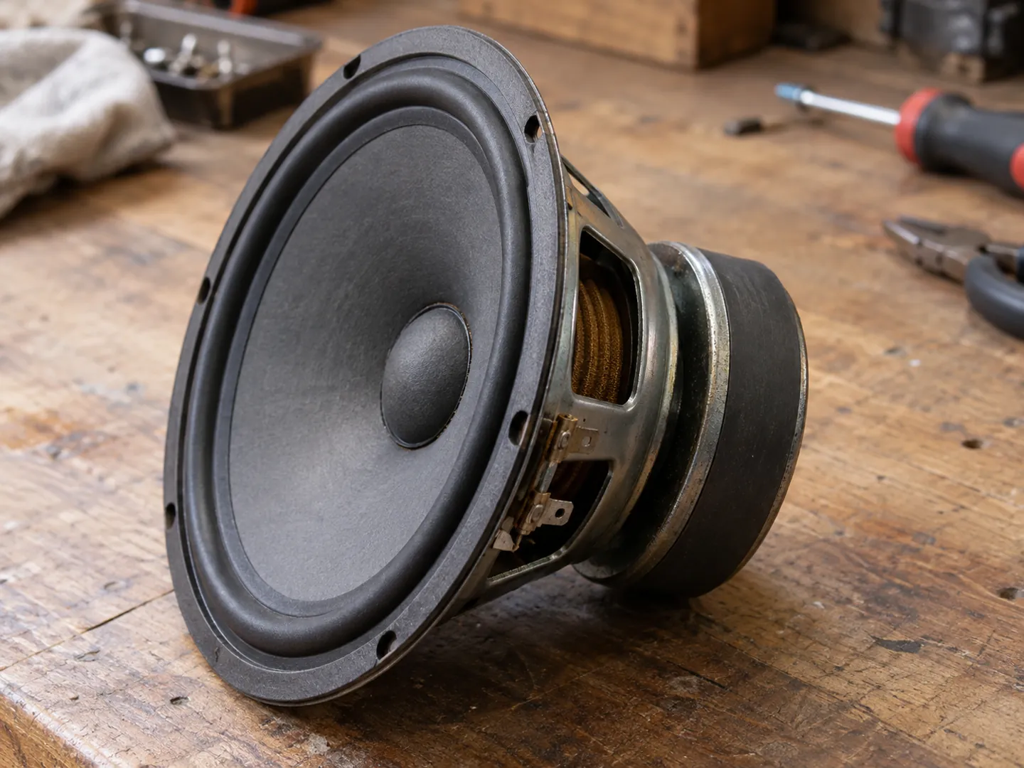 A close-up of a bare loudspeaker driver lying on a workbench, showing its paper cone, rubber surround and metal basket