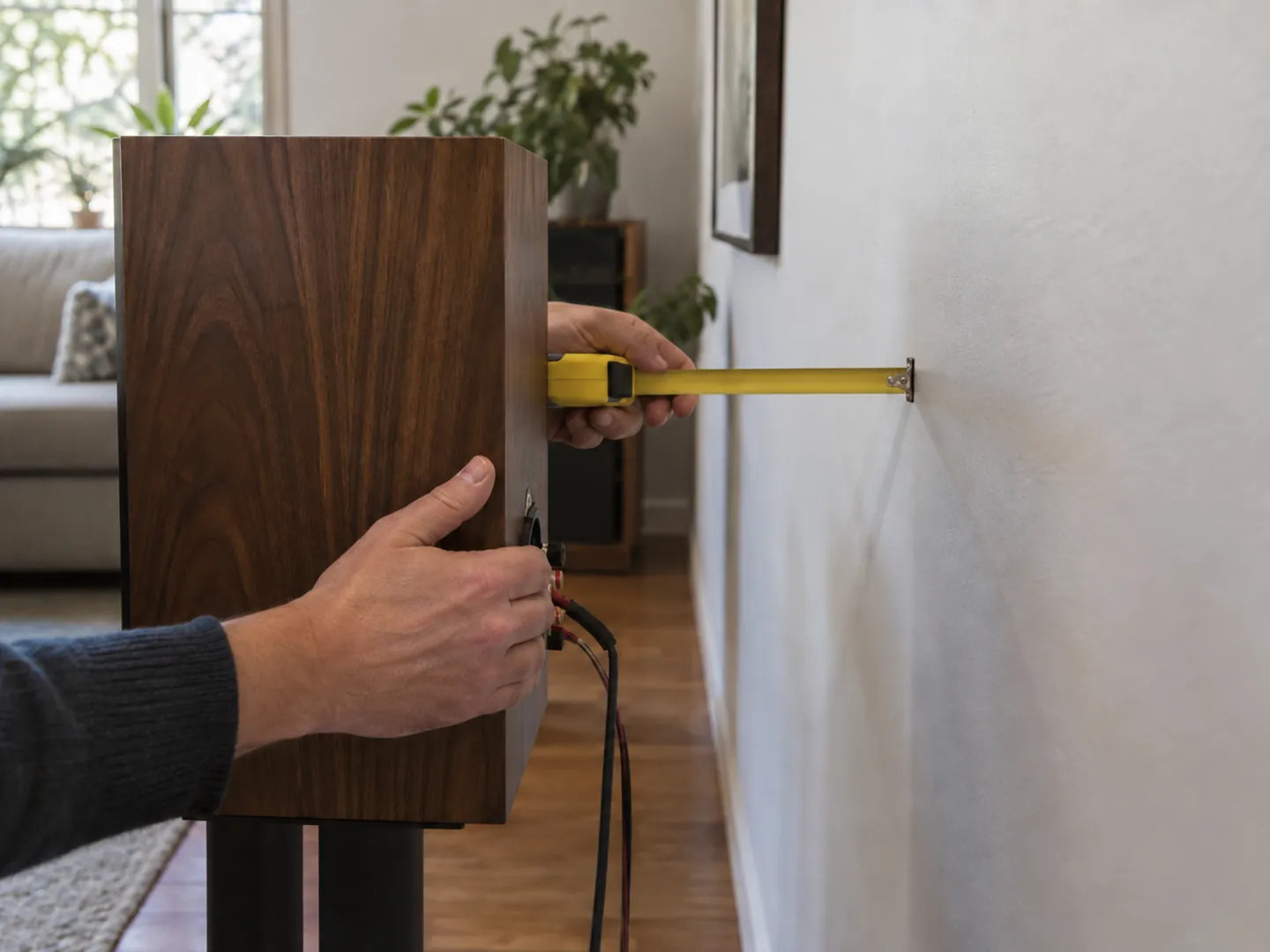 Hands holding a tape measure stretched from the back of a speaker on a stand to the wall behind it