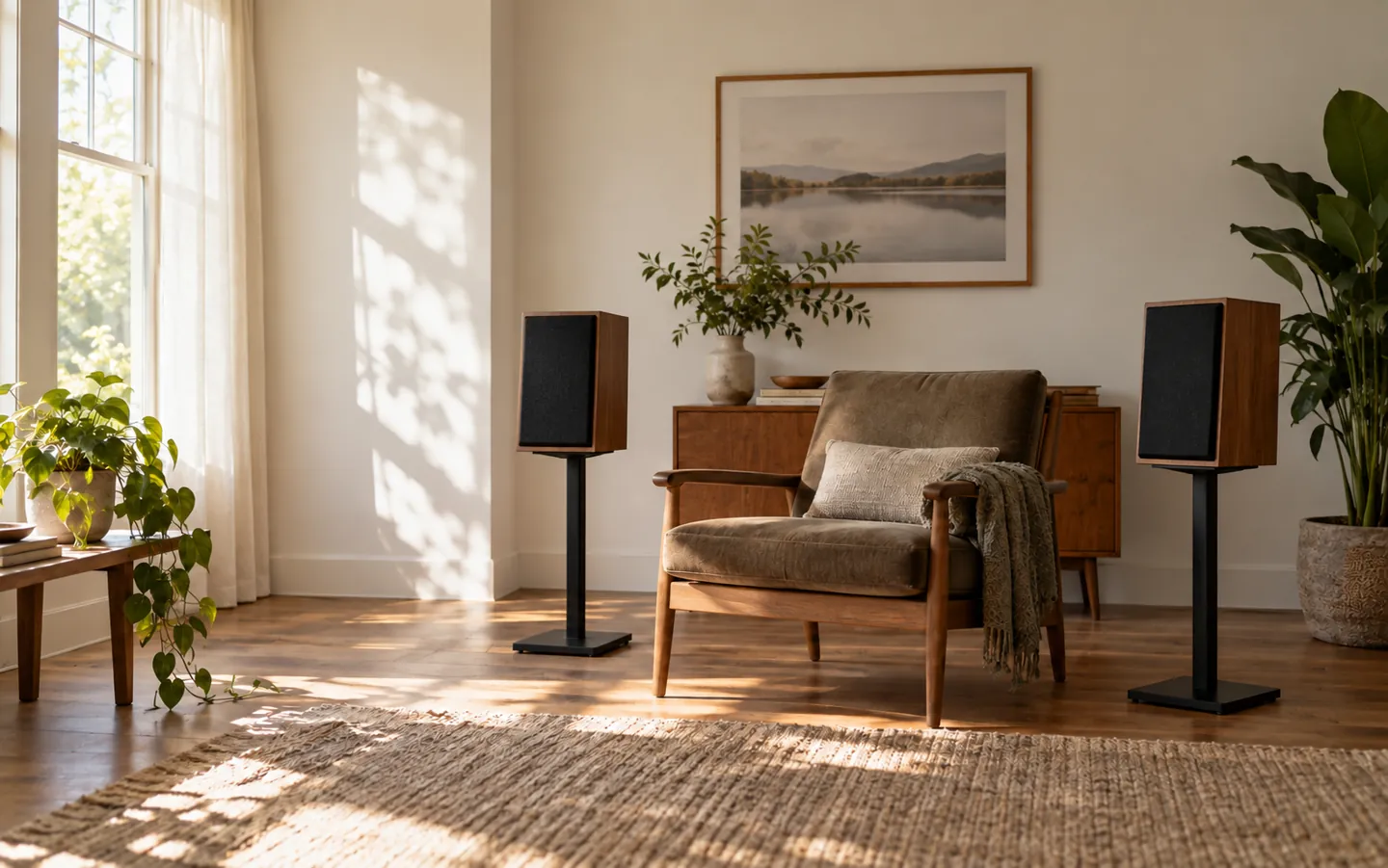 Two plain wooden bookshelf speakers on stands either side of a living room, angled towards an armchair placed centrally between them